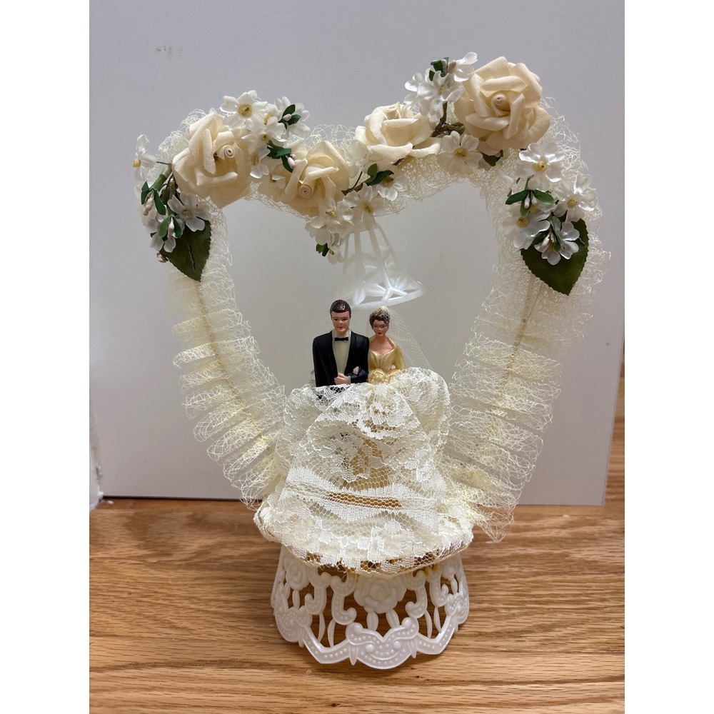 Vintage Mid Century Wedding Cake Topper Bride Groom Heart Roses Lace Bell Ivory